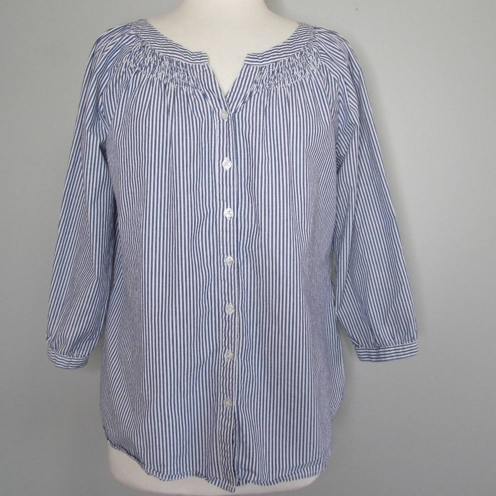 Harve Benard Blouse Lagenlook Button Down 3/4 Ballon Sleeve Stripes Women Size L